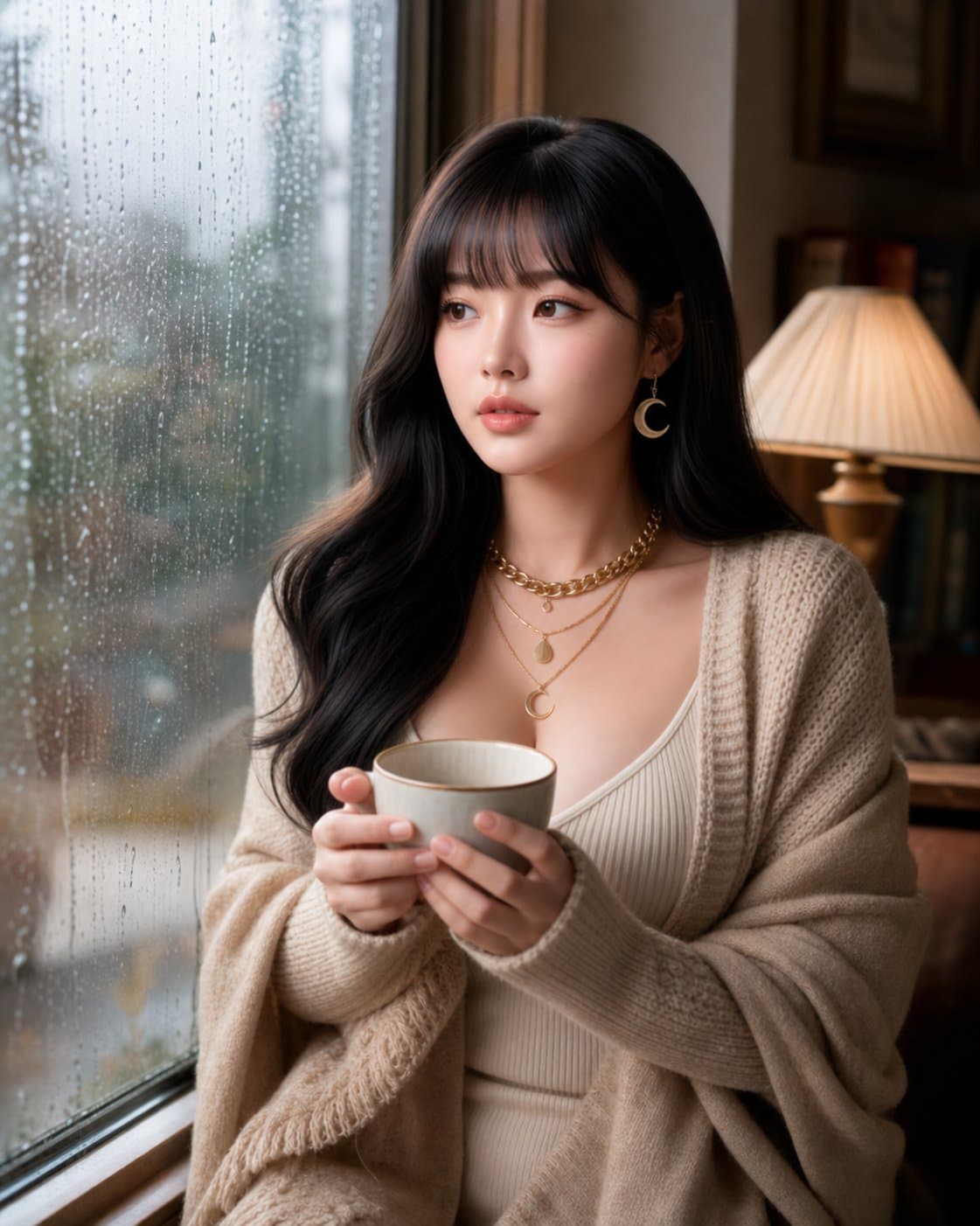유나 — 비 오는 창가, 스탠드 조명 아래