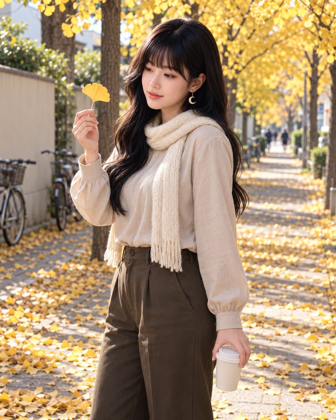 유나 — 은행잎이 깔린 동네 길, 늦은 오전 햇살 아래 은행잎 하나를 들여다보는 유나