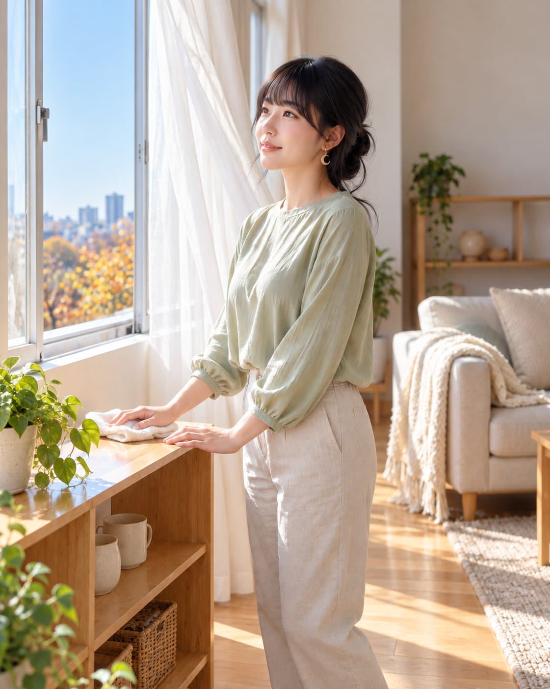 유나 — 아침 창문 열고 선반 닦기