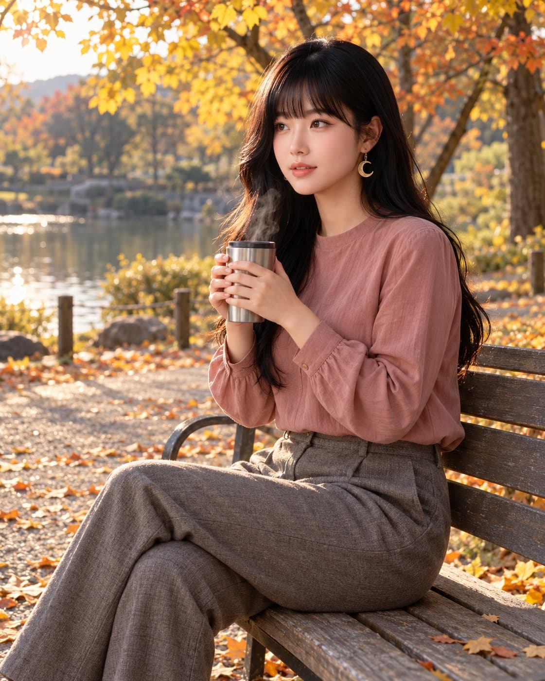 유나 — 늦은 오후 단풍 공원 벤치, 따뜻한 차