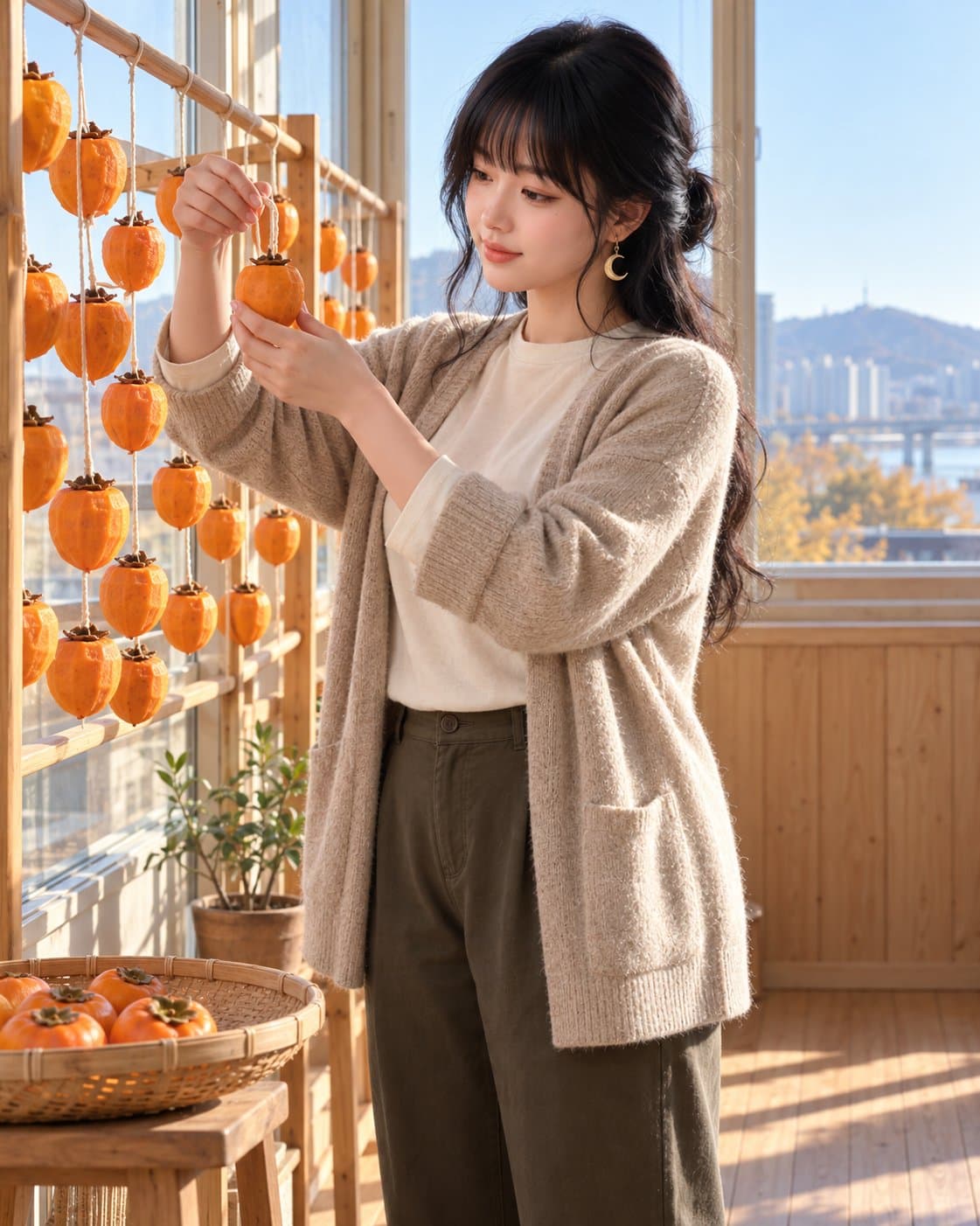 유나 — 상강 아침 베란다, 감 말리기