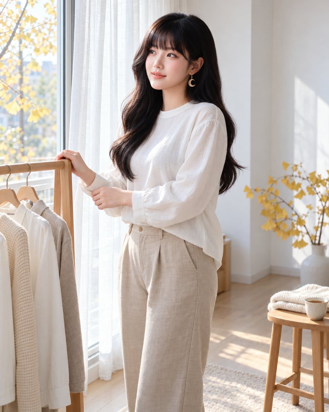 유나 — 토요일 아침 창가 옷걸이 옆, 흰 블라우스 소매를 매만지는 유나