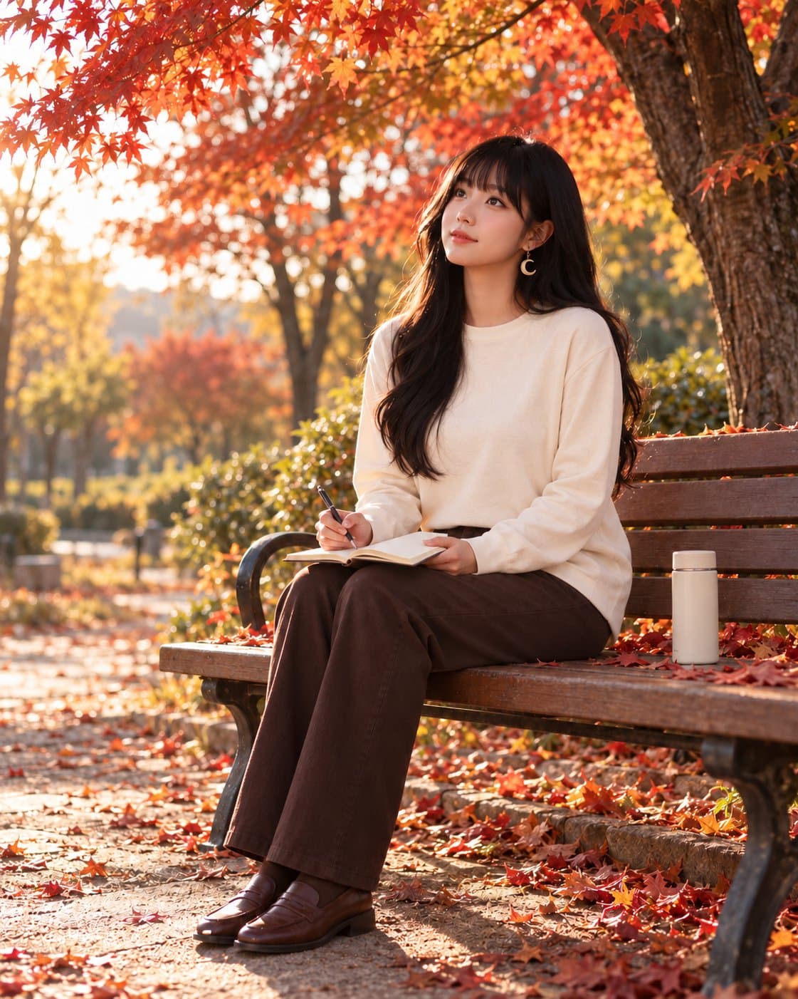 유나 — 일요일 늦은 오후 동네 공원 단풍나무 아래 벤치, 노트를 펼치고 단풍을 올려다보는 유나