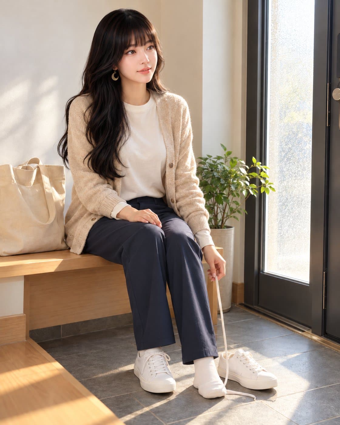 유나 — 월요일 아침 현관 벤치, 운동화 끈 묶기