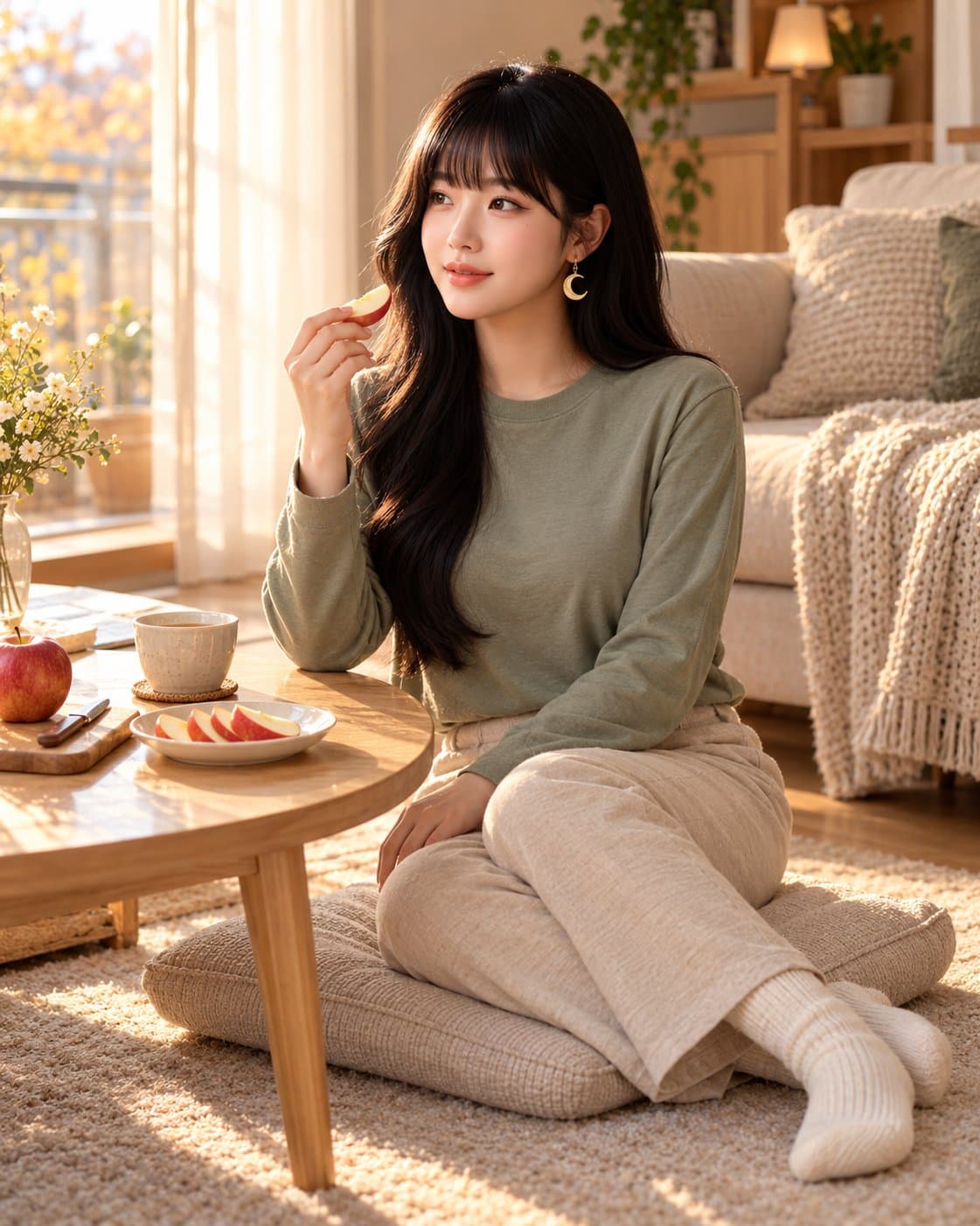 유나 — 월요일 늦은 오후 거실 좌식 테이블, 사과 깎아 먹기
