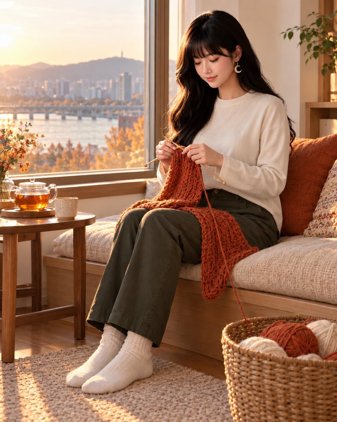 유나 — 화요일 늦은 오후 창가 의자, 목도리 뜨개질