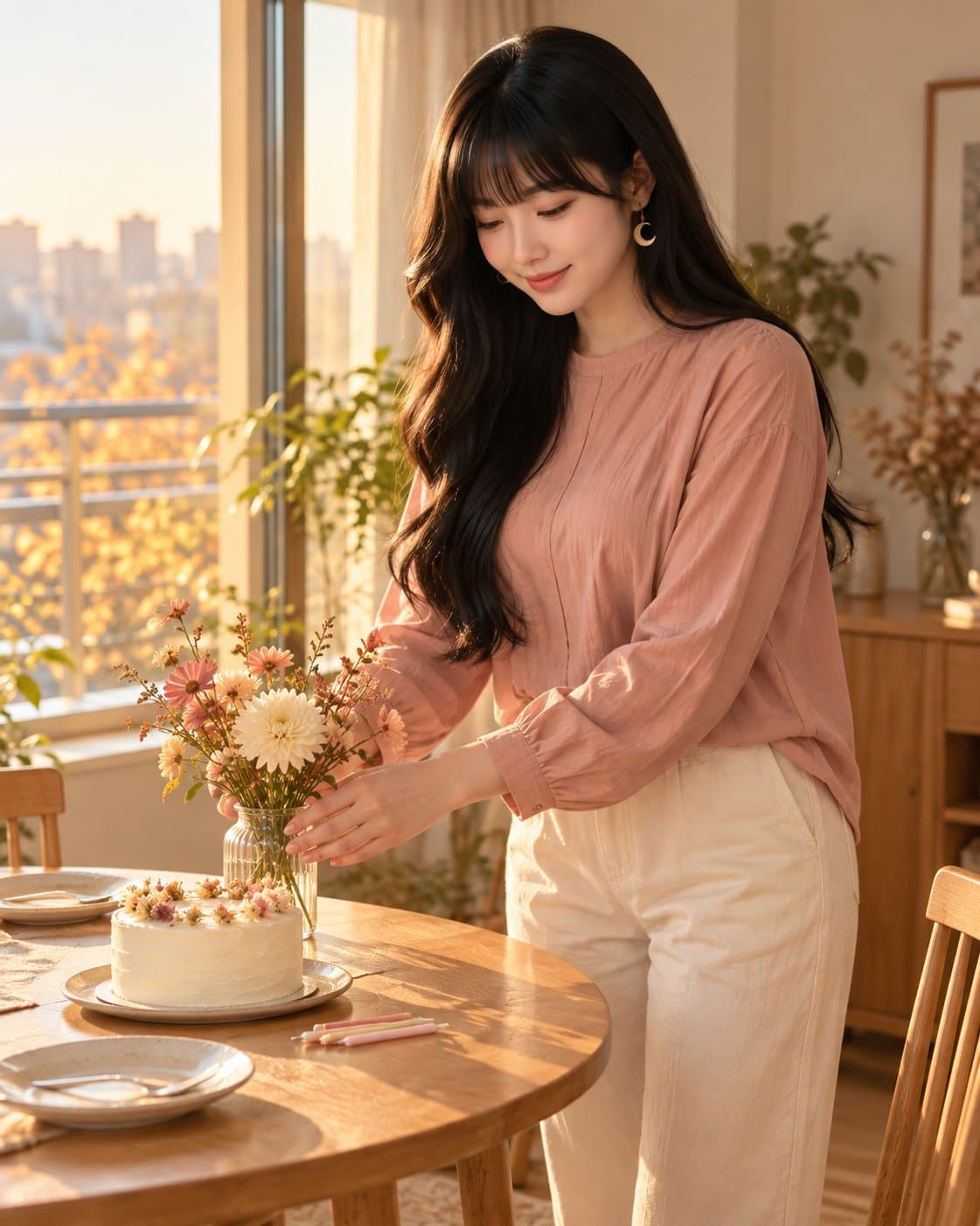 유나 — 금요일 오후 식탁, 가족 생일 케이크와 꽃