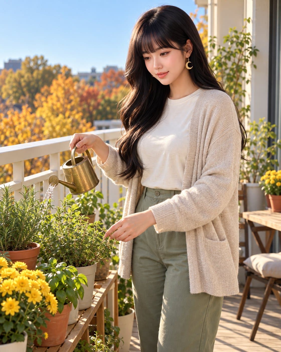 유나 — 일요일 아침 맑은 베란다, 황동 물뿌리개로 허브·국화 화분에 물을 주는 유나