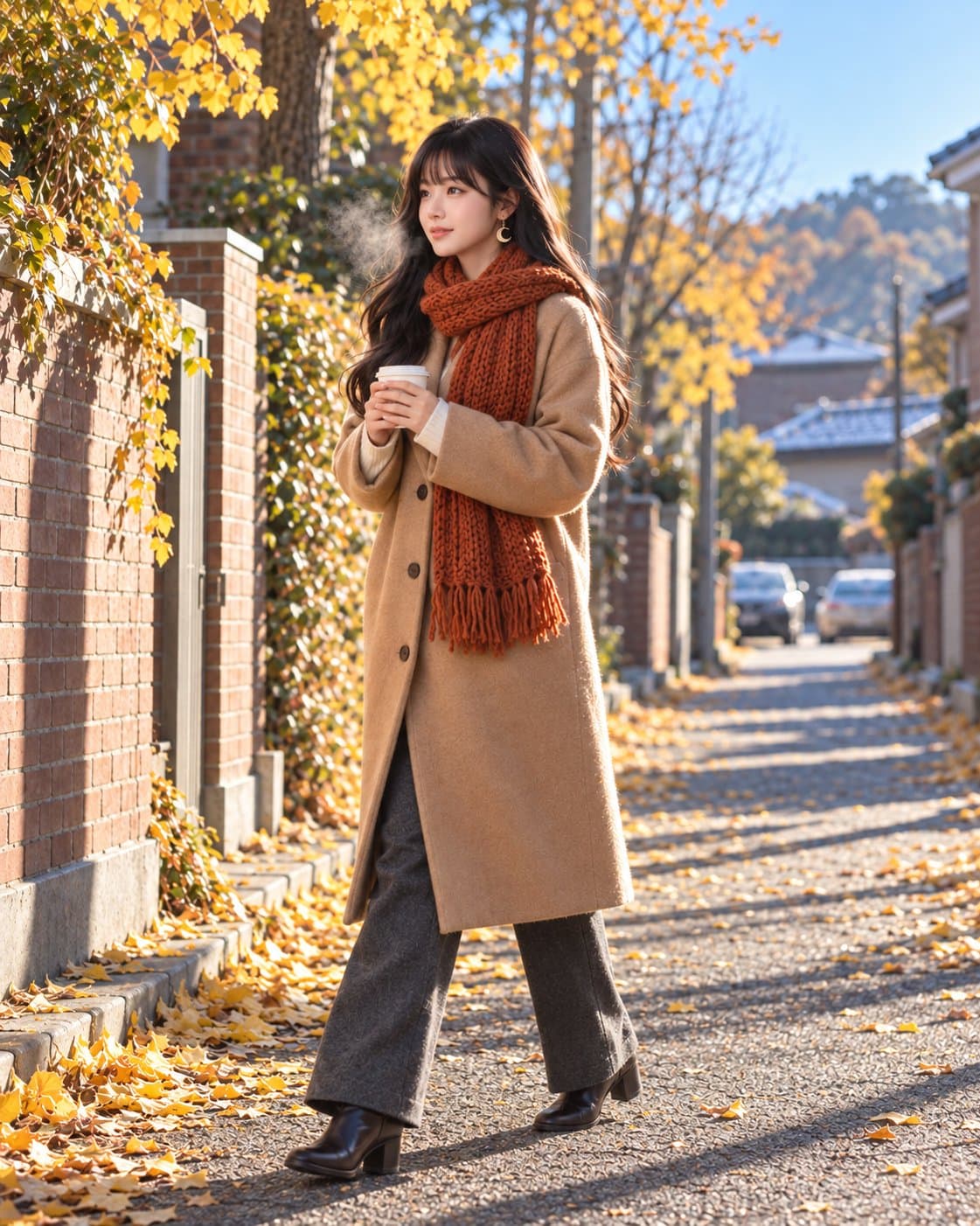 유나 — 수요일 아침 3도 골목길, 목도리와 따뜻한 차